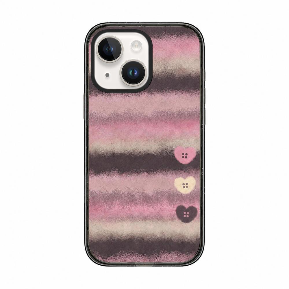 For iPhone 14 Felt Checkered Floral Acrylic TPU Phone Case - Pink Brown Striped Heart - EDA009687414B