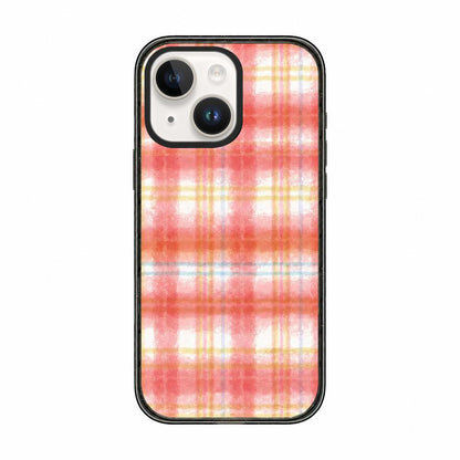 For iPhone 14 Felt Checkered Floral Acrylic TPU Phone Case - Pink Orange Watercolor Plaid - EDA009687414D