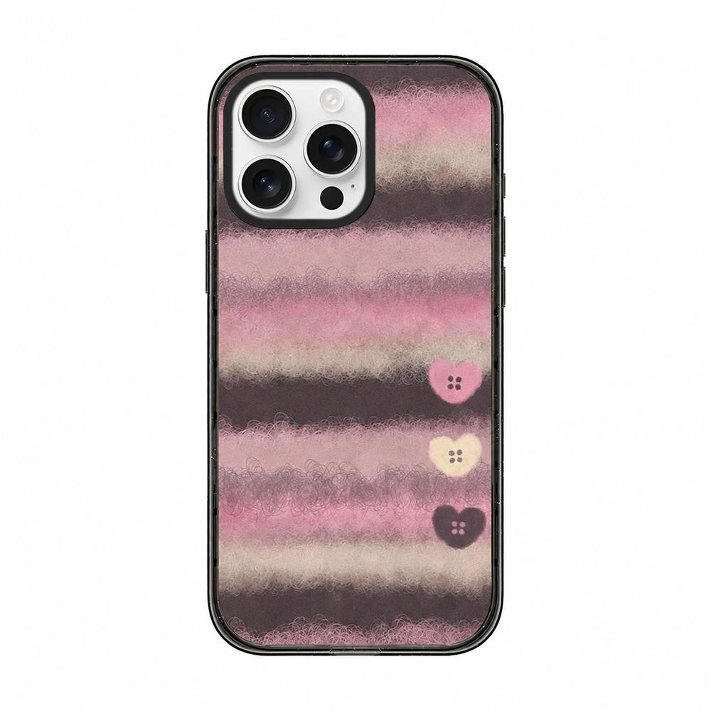 For iPhone 14 Pro Felt Checkered Floral Acrylic TPU Phone Case - Pink Brown Striped Heart - EDA009687415B