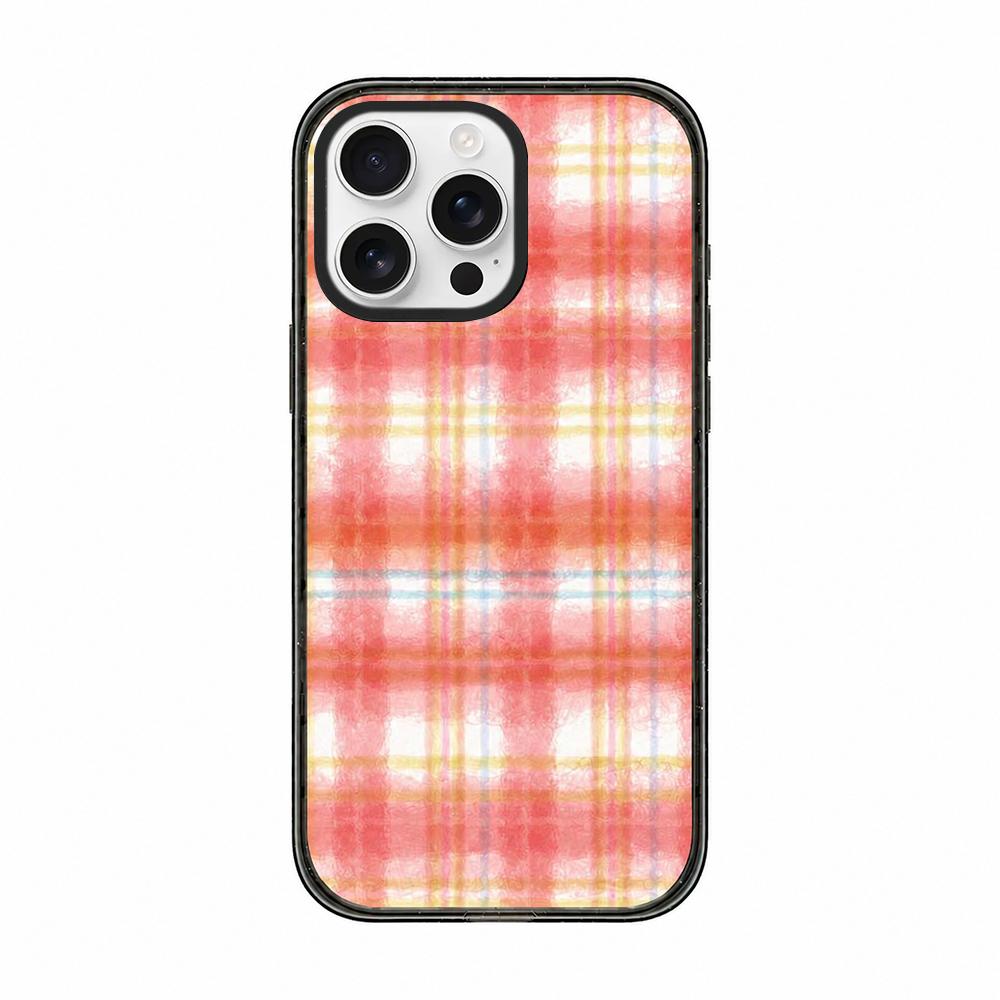 For iPhone 12 Pro Max Felt Checkered Floral Acrylic TPU Phone Case - Pink Orange Watercolor Plaid - EDA009687421D