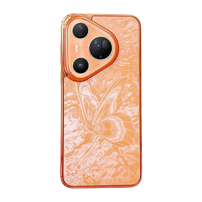 For Huawei Pura 80 Ultra 5G Butterfly Pattern Electroplated PC + Glass Phone Case - Orange - EDA009687605E