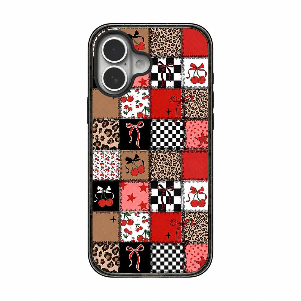 For iPhone 16 Plus Leopard Print Bow Print transparent Acrylic TPU Phone Case - Red Black Patchwork - EDA009687707E