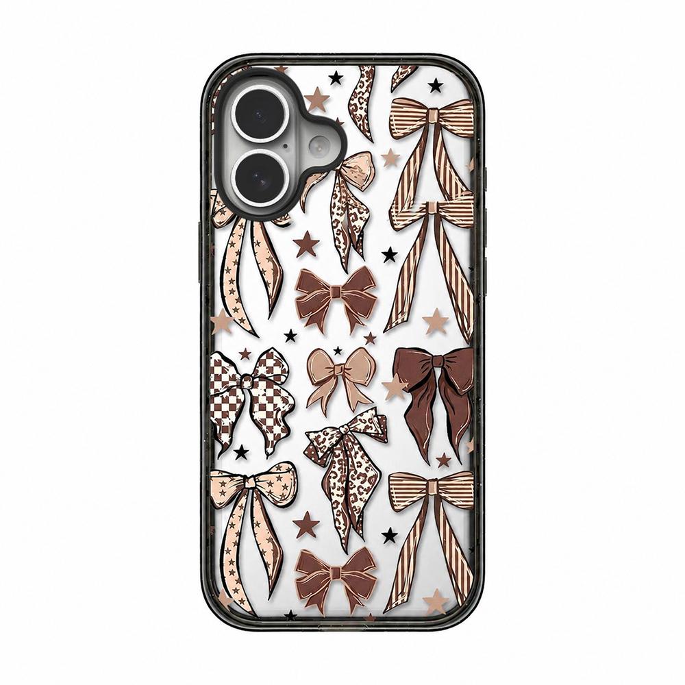 For iPhone 16 Leopard Print Bow Print transparent Acrylic TPU Phone Case - Caramel Brown Bow - EDA009687708B
