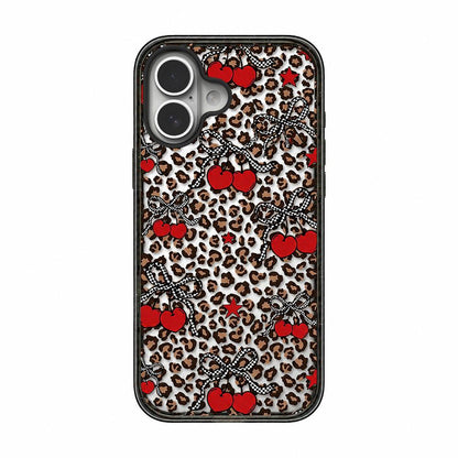 For iPhone 16 Leopard Print Bow Print transparent Acrylic TPU Phone Case - Leopard Cherry - EDA009687708D