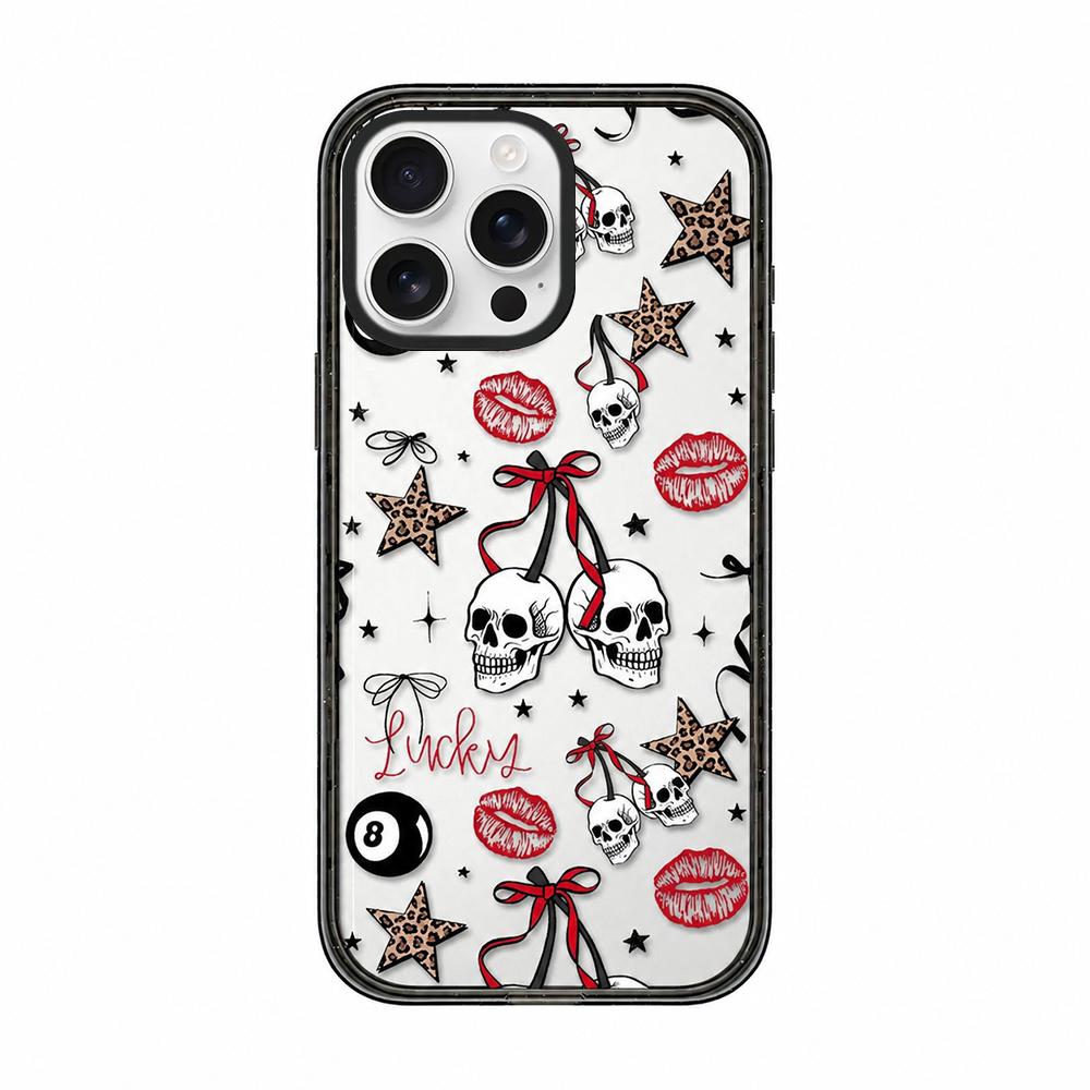For iPhone 15 Pro Leopard Print Bow Print transparent Acrylic TPU Phone Case - Skull Red Lips - EDA009687710A