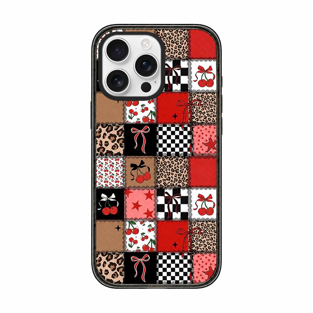 For iPhone 15 Pro Leopard Print Bow Print transparent Acrylic TPU Phone Case - Red Black Patchwork - EDA009687710E