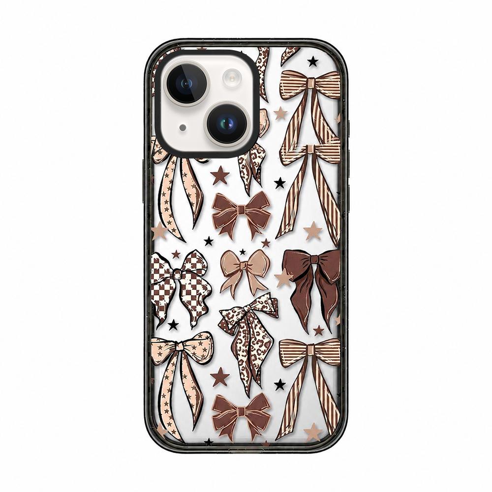 For iPhone 14 Leopard Print Bow Print transparent Acrylic TPU Phone Case - Caramel Brown Bow - EDA009687714B