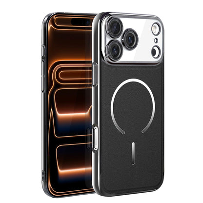 For iPhone 17 Pro Max Electroplated Magnetic Ring PC + Vegan Leather Phone Case - Black - EDA009688301A