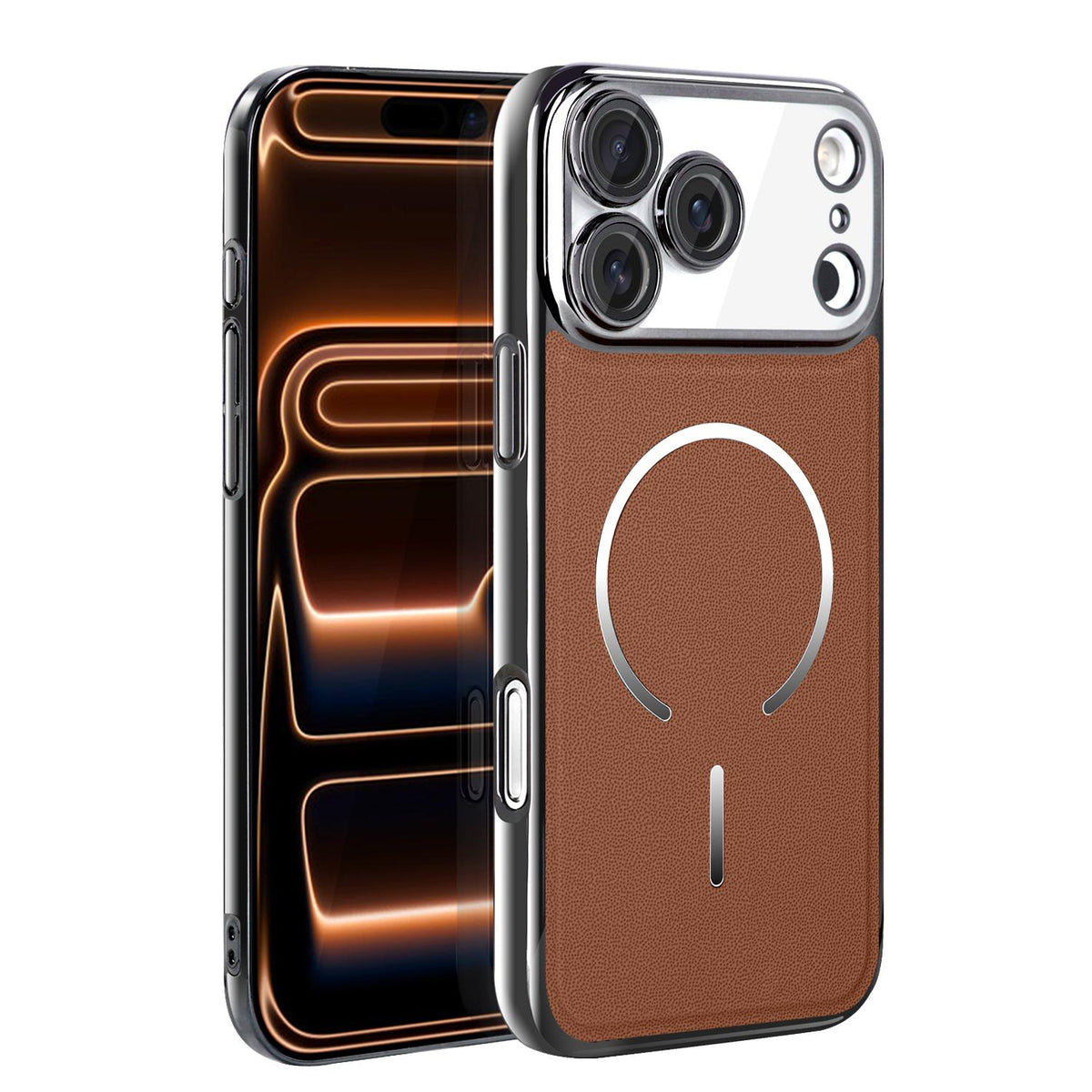 For iPhone 17 Pro Max Electroplated Magnetic Ring PC + Vegan Leather Phone Case - Brown - EDA009688301B