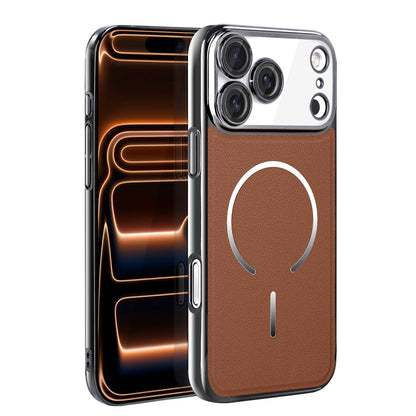 For iPhone 17 Pro Max Electroplated Magnetic Ring PC + Vegan Leather Phone Case - Brown - EDA009688301B