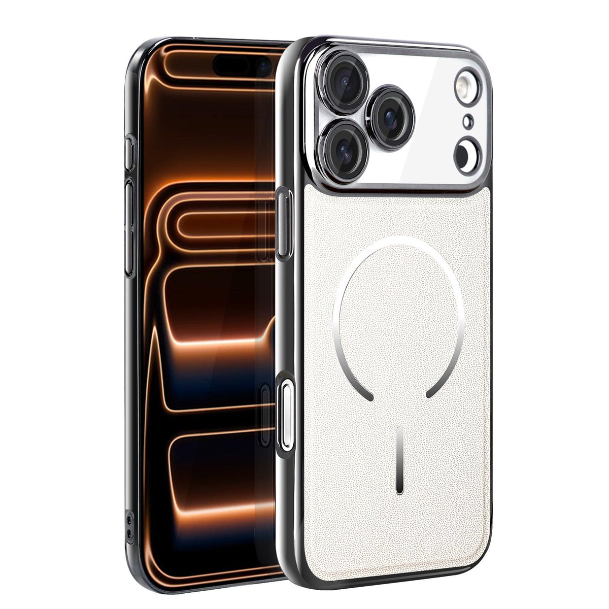 For iPhone 17 Pro Max Electroplated Magnetic Ring PC + Vegan Leather Phone Case - White - EDA009688301C