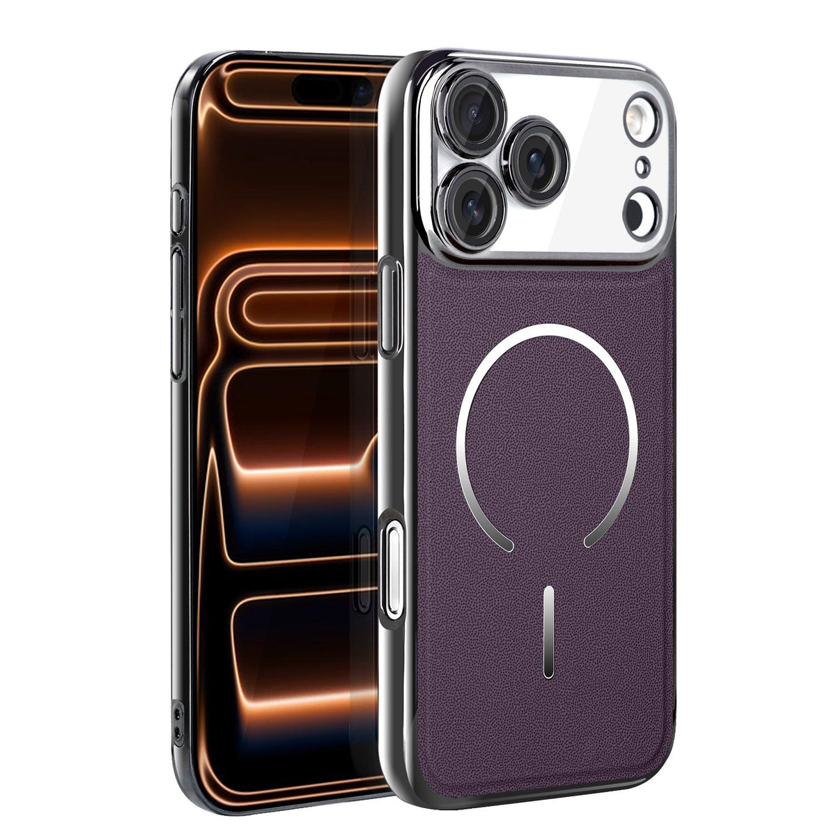 For iPhone 17 Pro Max Electroplated Magnetic Ring PC + Vegan Leather Phone Case - Purple - EDA009688301D