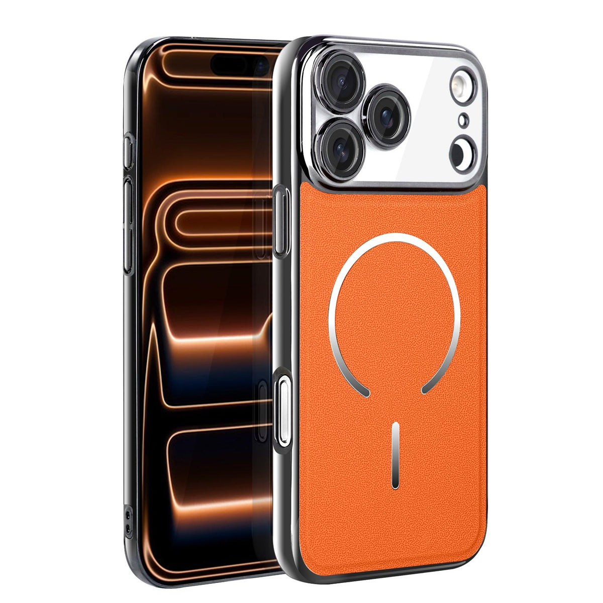 For iPhone 17 Pro Max Electroplated Magnetic Ring PC + Vegan Leather Phone Case - Orange - EDA009688301E
