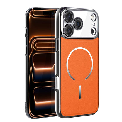For iPhone 17 Pro Max Electroplated Magnetic Ring PC + Vegan Leather Phone Case - Orange - EDA009688301E