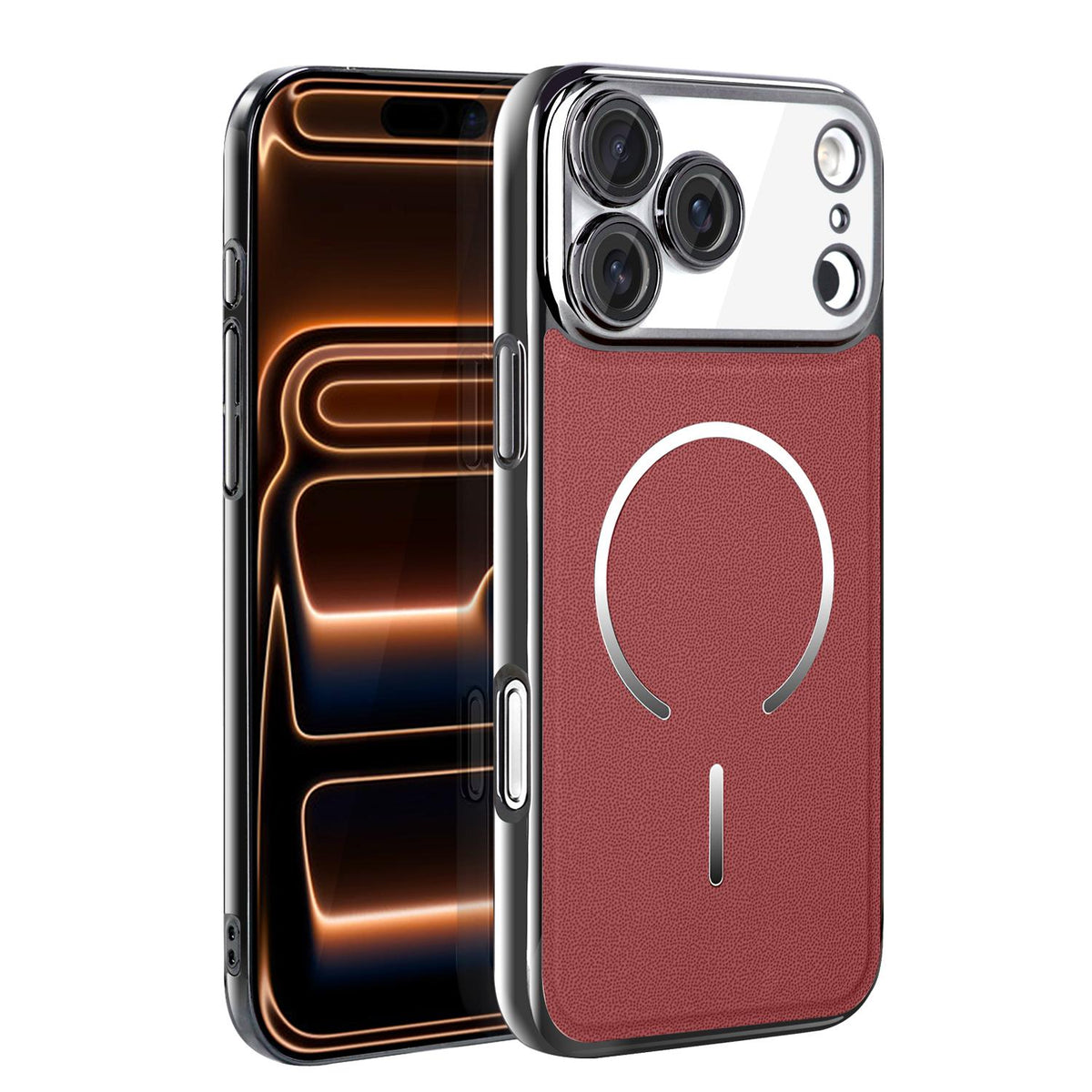 For iPhone 17 Pro Max Electroplated Magnetic Ring PC + Vegan Leather Phone Case - Red - EDA009688301F