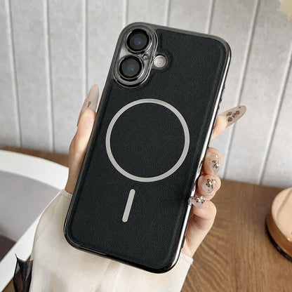 For iPhone 17 Electroplated Magnetic Ring PC + Vegan Leather Phone Case - Black - EDA009688302A