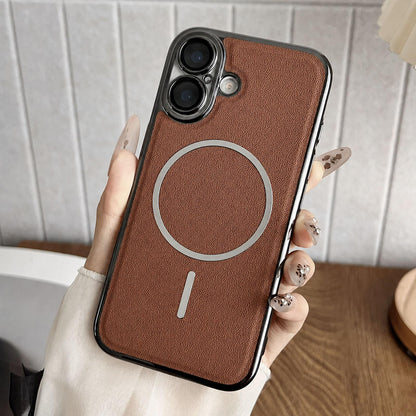 For iPhone 17 Electroplated Magnetic Ring PC + Vegan Leather Phone Case - Brown - EDA009688302B