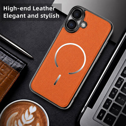 For iPhone 17 Electroplated Magnetic Ring PC + Vegan Leather Phone Case - Brown - EDA009688302B