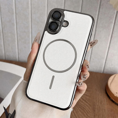 For iPhone 17 Electroplated Magnetic Ring PC + Vegan Leather Phone Case - White - EDA009688302C