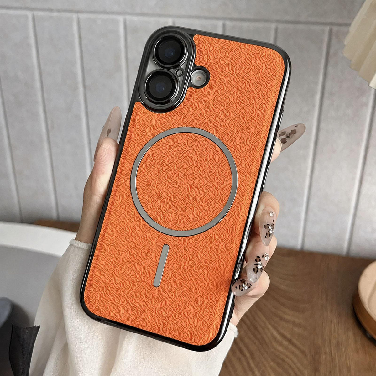 For iPhone 17 Electroplated Magnetic Ring PC + Vegan Leather Phone Case - Orange - EDA009688302E