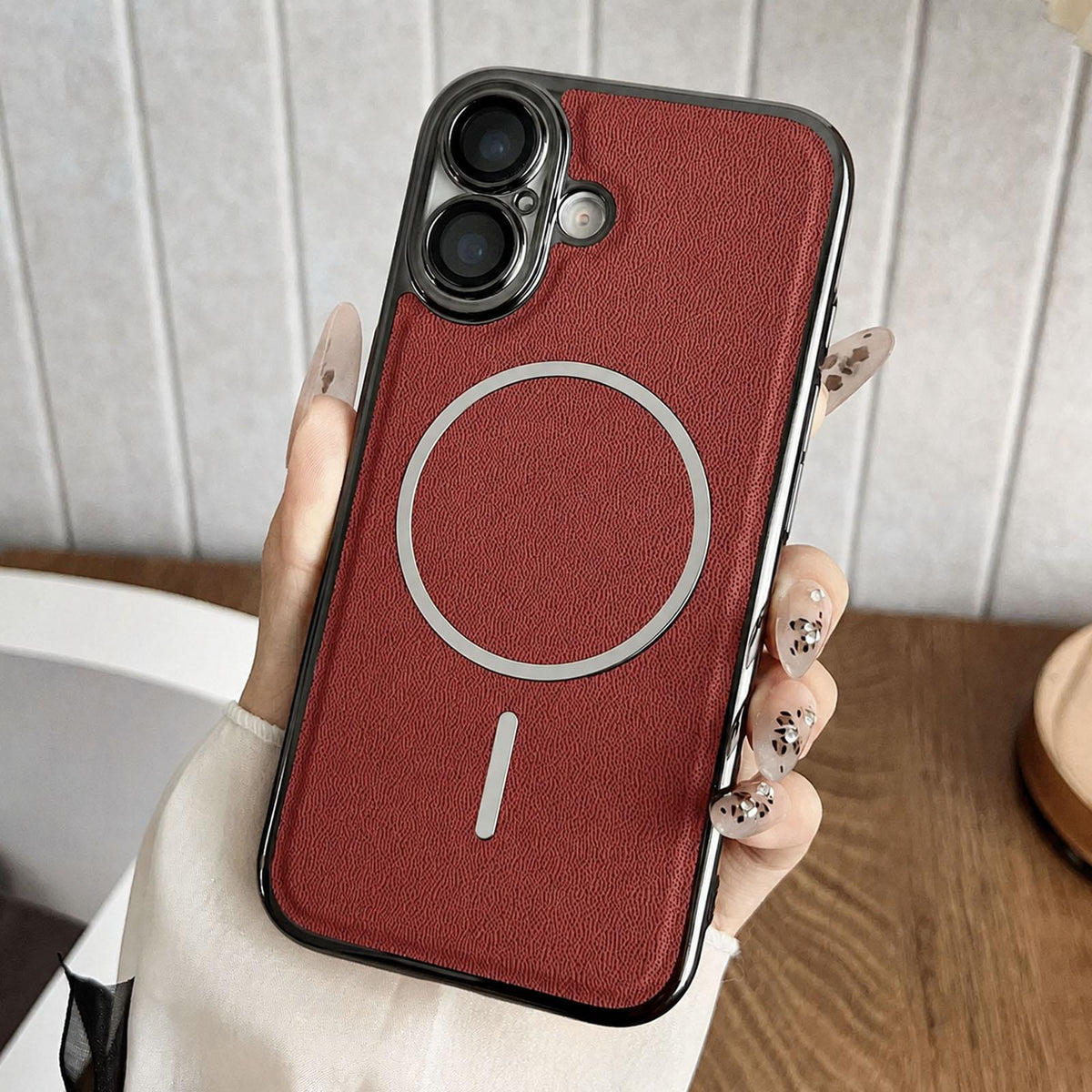 For iPhone 17 Electroplated Magnetic Ring PC + Vegan Leather Phone Case - Red - EDA009688302F