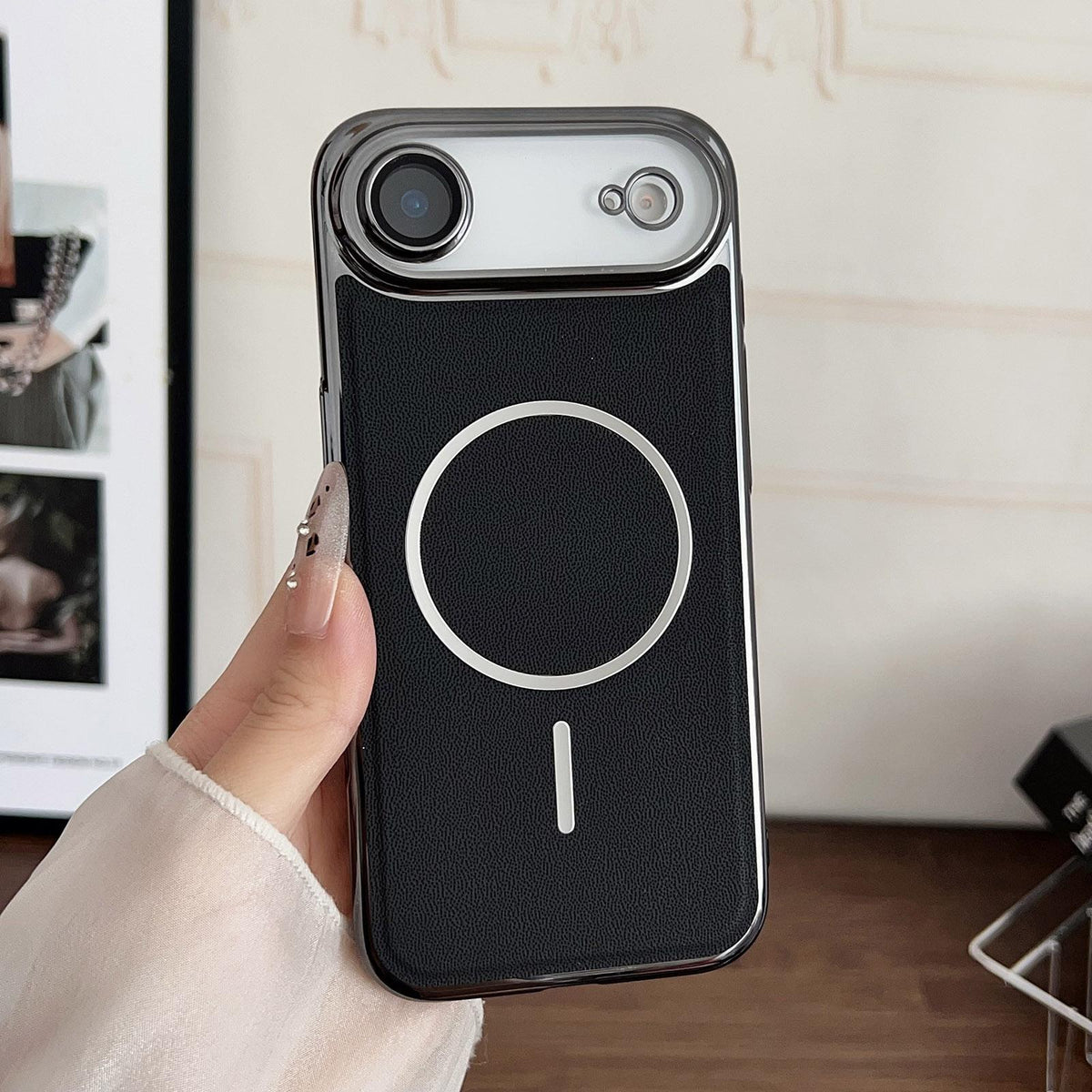 For iPhone Air Electroplated Magnetic Ring PC + Vegan Leather Phone Case - Black - EDA009688303A