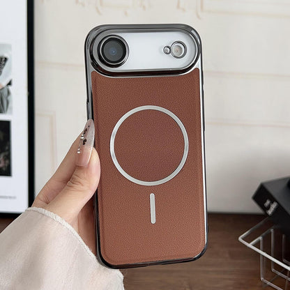 For iPhone Air Electroplated Magnetic Ring PC + Vegan Leather Phone Case - Brown - EDA009688303B