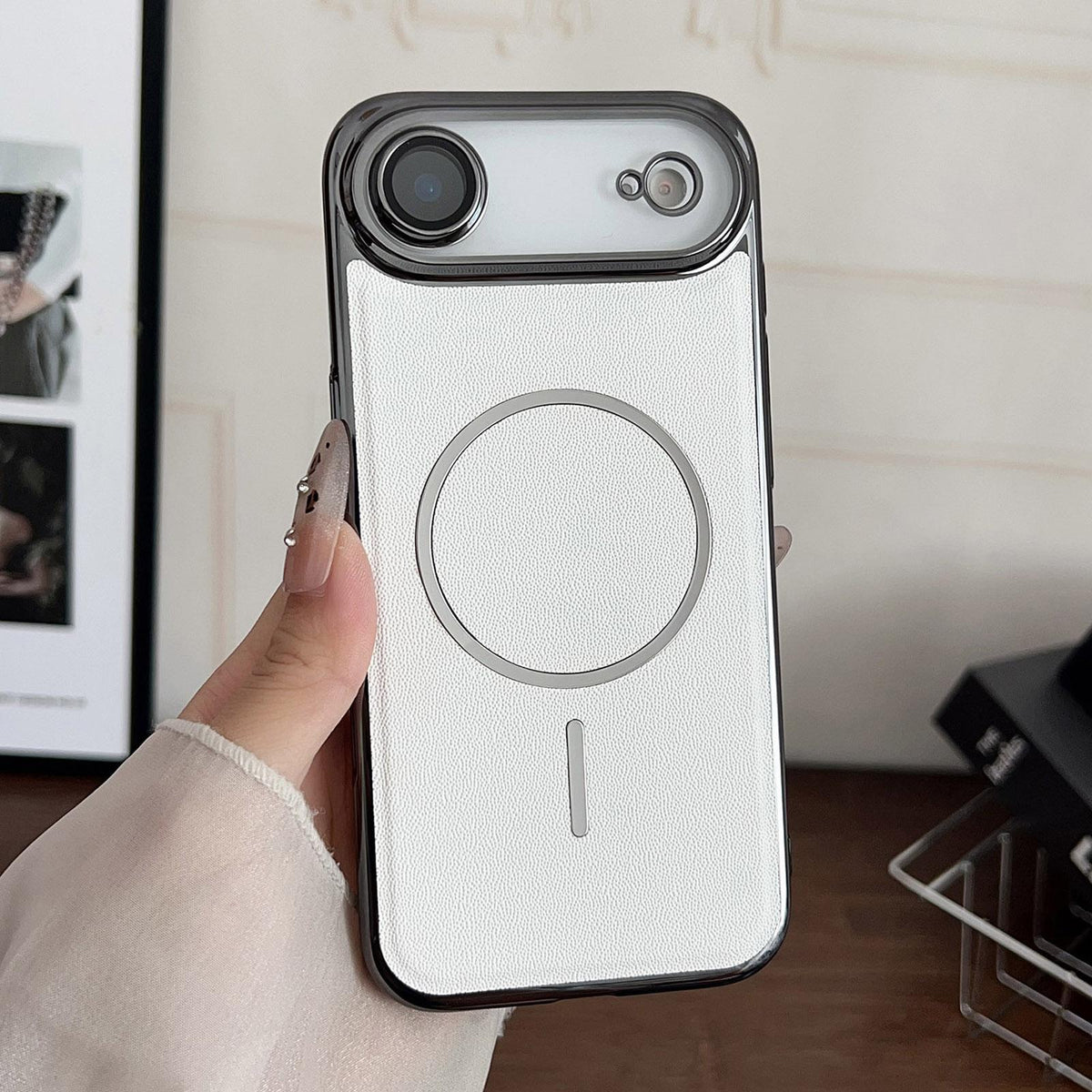 For iPhone Air Electroplated Magnetic Ring PC + Vegan Leather Phone Case - White - EDA009688303C
