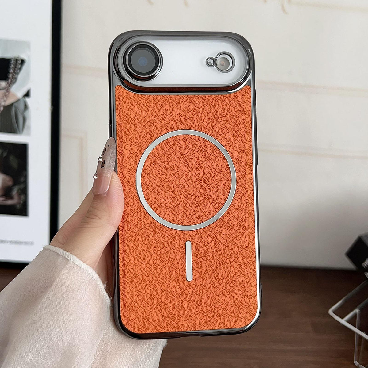 For iPhone Air Electroplated Magnetic Ring PC + Vegan Leather Phone Case - Orange - EDA009688303E