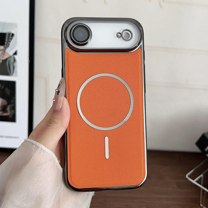 For iPhone Air Electroplated Magnetic Ring PC + Vegan Leather Phone Case - Orange - EDA009688303E