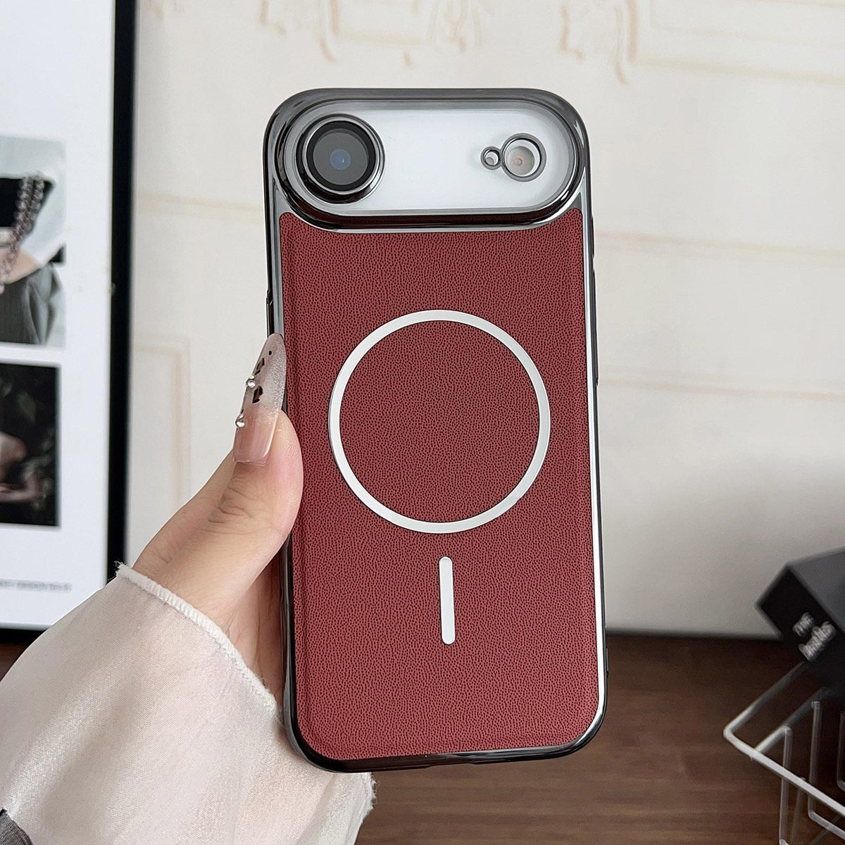 For iPhone Air Electroplated Magnetic Ring PC + Vegan Leather Phone Case - Red - EDA009688303F