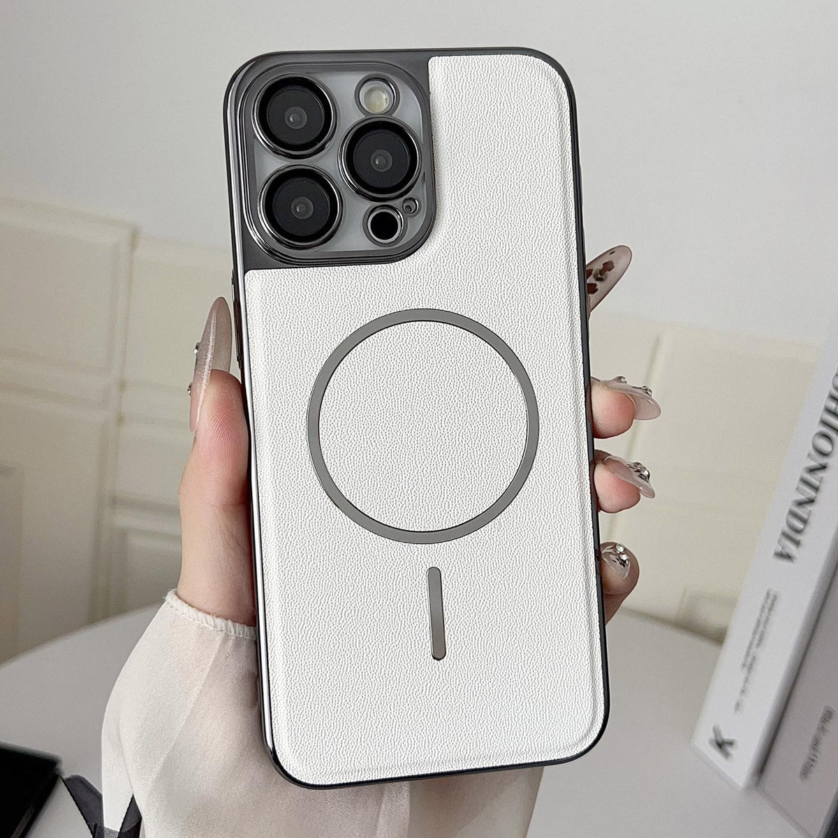 For iPhone 15 Pro Max Electroplated Magnetic Ring PC + Vegan Leather Phone Case - White - EDA009688305C