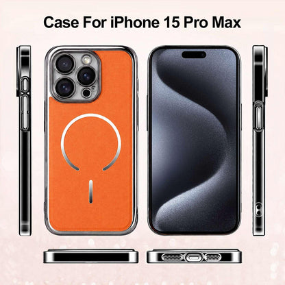 For iPhone 15 Pro Max Electroplated Magnetic Ring PC + Vegan Leather Phone Case - Purple - EDA009688305D