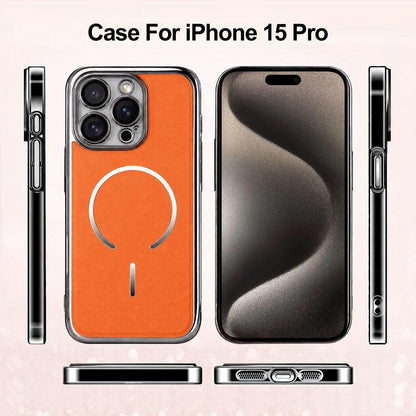 For iPhone 15 Pro Electroplated Magnetic Ring PC + Vegan Leather Phone Case - Black - EDA009688306A
