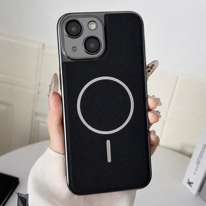 For iPhone 15 Plus Electroplated Magnetic Ring PC + Vegan Leather Phone Case - Black - EDA009688307A