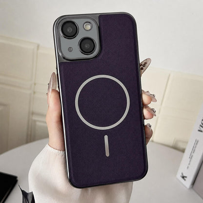 For iPhone 15 Plus Electroplated Magnetic Ring PC + Vegan Leather Phone Case - Purple - EDA009688307D
