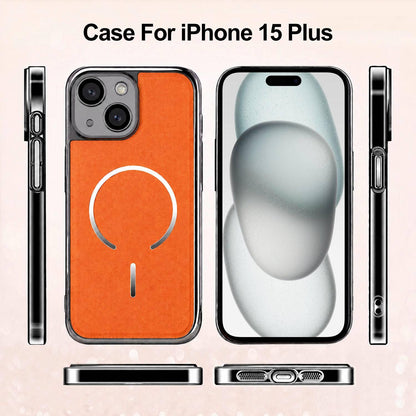 For iPhone 15 Plus Electroplated Magnetic Ring PC + Vegan Leather Phone Case - Purple - EDA009688307D
