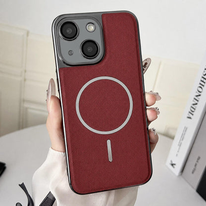 For iPhone 15 Plus Electroplated Magnetic Ring PC + Vegan Leather Phone Case - Red - EDA009688307F
