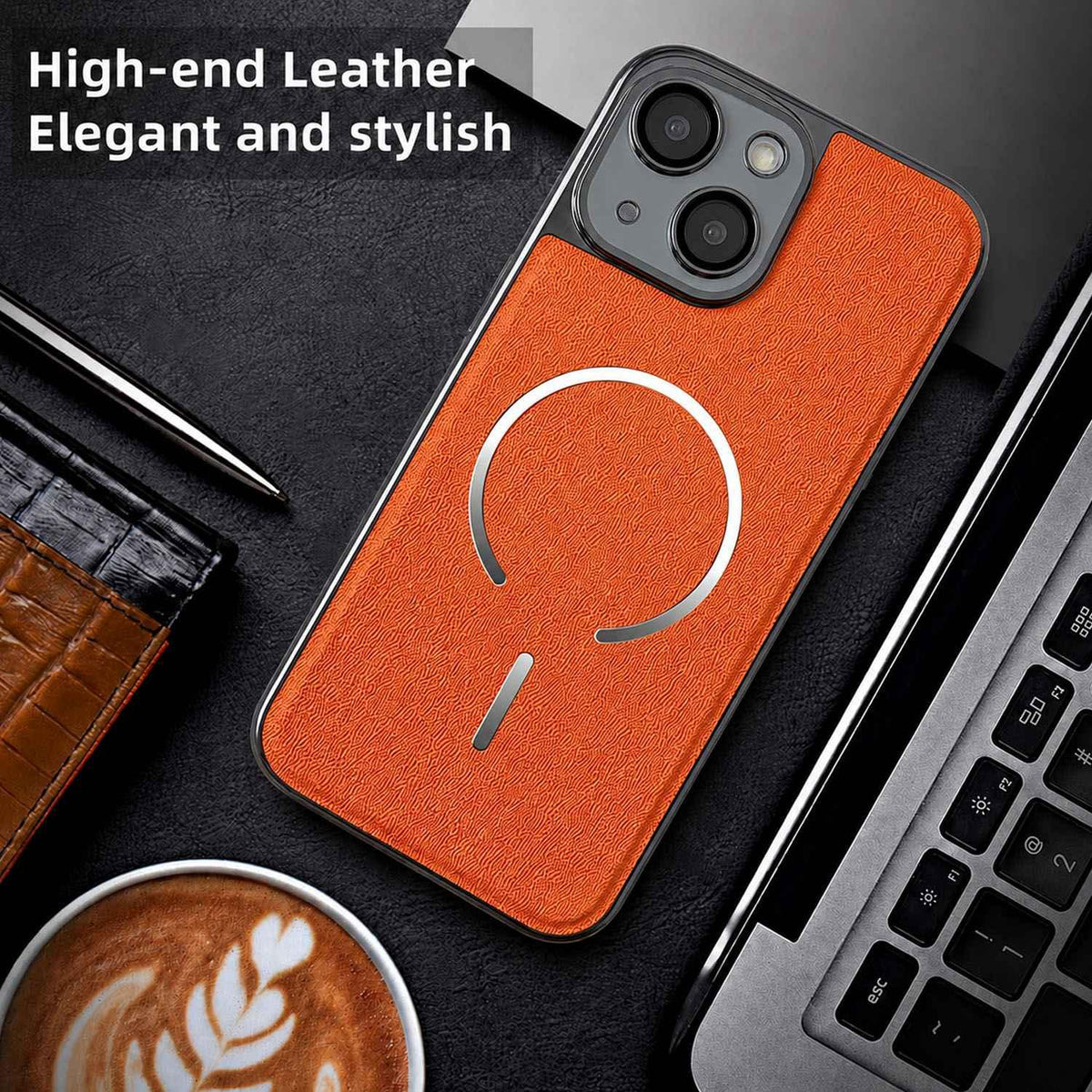 For iPhone 15 Plus Electroplated Magnetic Ring PC + Vegan Leather Phone Case - Red - EDA009688307F