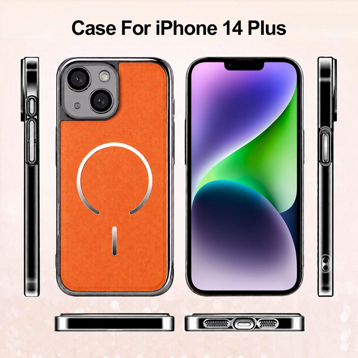 For iPhone 14 Plus Electroplated Magnetic Ring PC + Vegan Leather Phone Case - Brown - EDA009688309B