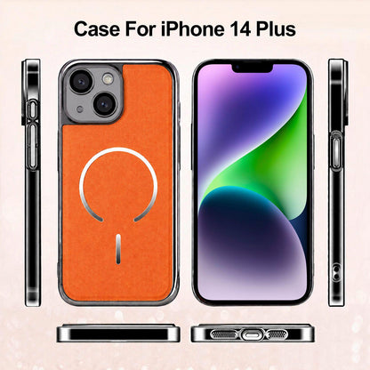 For iPhone 14 Plus Electroplated Magnetic Ring PC + Vegan Leather Phone Case - Brown - EDA009688309B