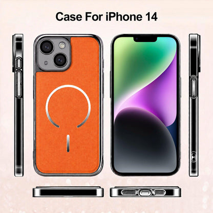 For iPhone 14 Electroplated Magnetic Ring PC + Vegan Leather Phone Case - Black - EDA009688310A
