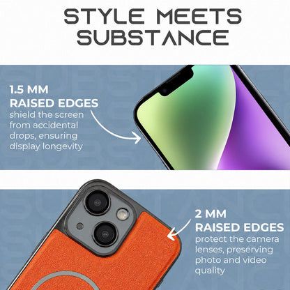 For iPhone 14 Electroplated Magnetic Ring PC + Vegan Leather Phone Case - Brown - EDA009688310B