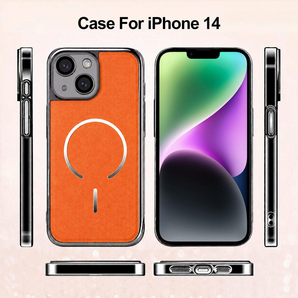 For iPhone 14 Electroplated Magnetic Ring PC + Vegan Leather Phone Case - White - EDA009688310C