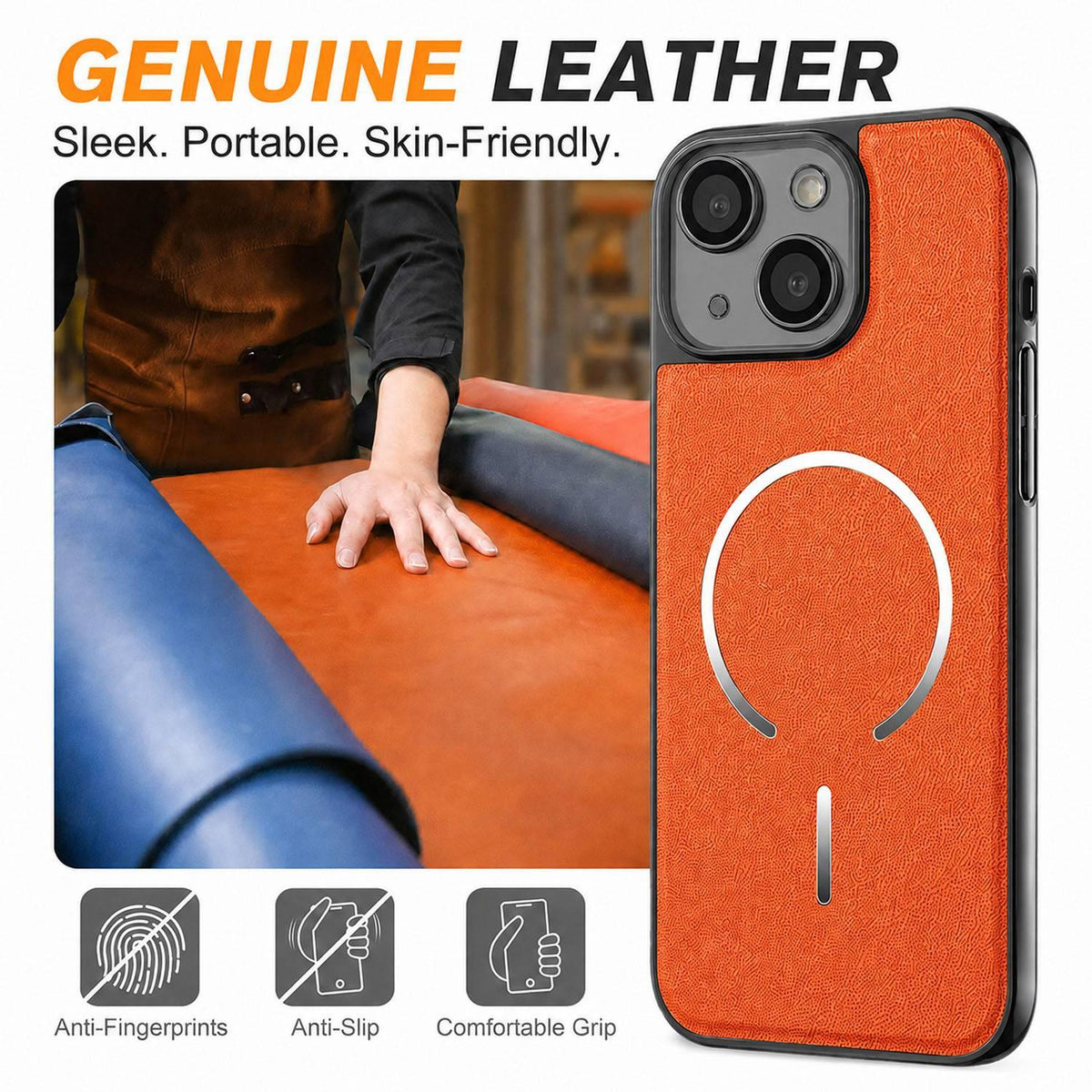 For iPhone 14 Electroplated Magnetic Ring PC + Vegan Leather Phone Case - White - EDA009688310C