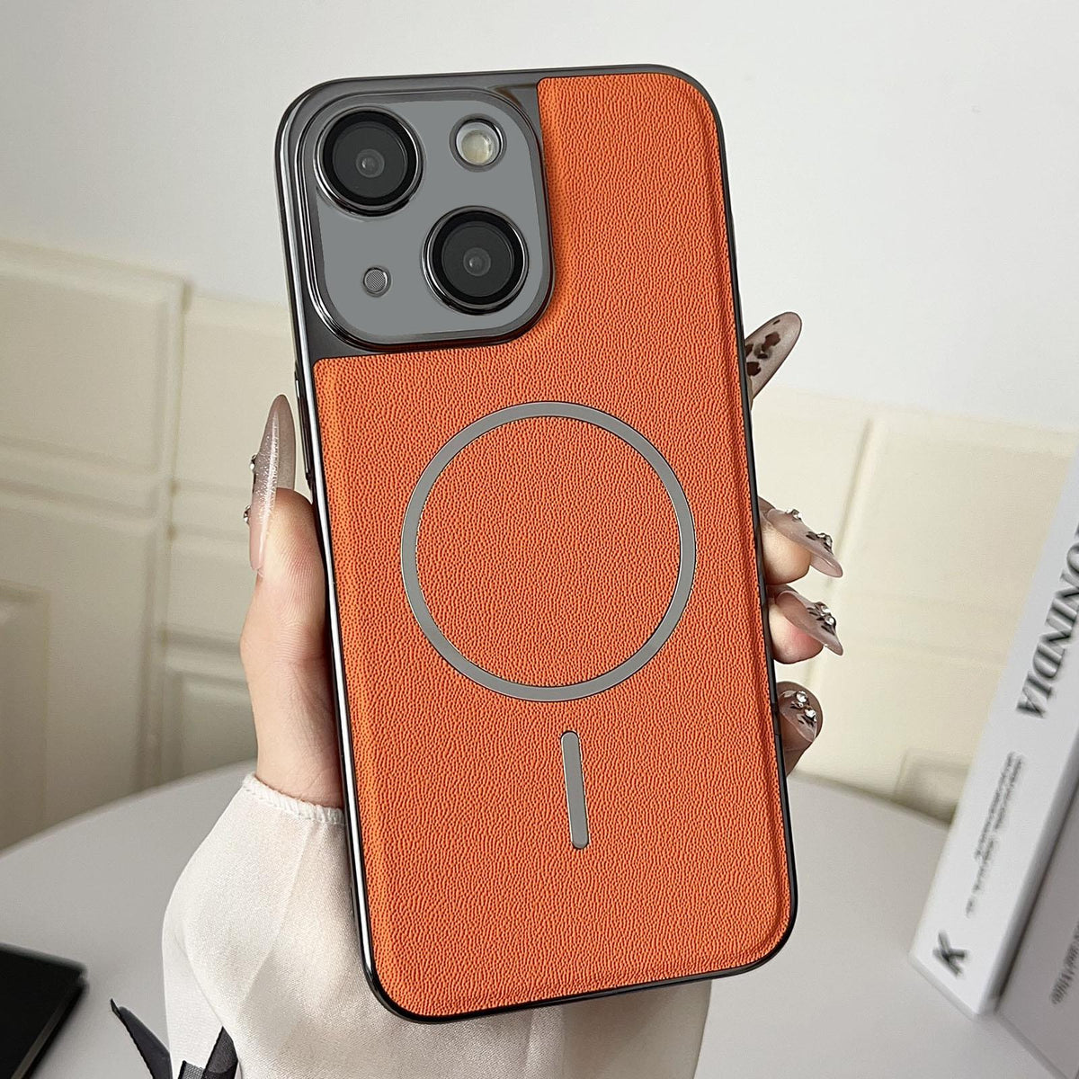 For iPhone 14 Electroplated Magnetic Ring PC + Vegan Leather Phone Case - Orange - EDA009688310E