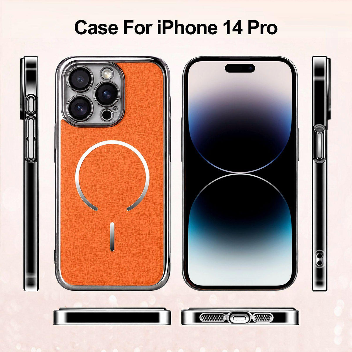 For iPhone 14 Pro Electroplated Magnetic Ring PC + Vegan Leather Phone Case - Brown - EDA009688311B