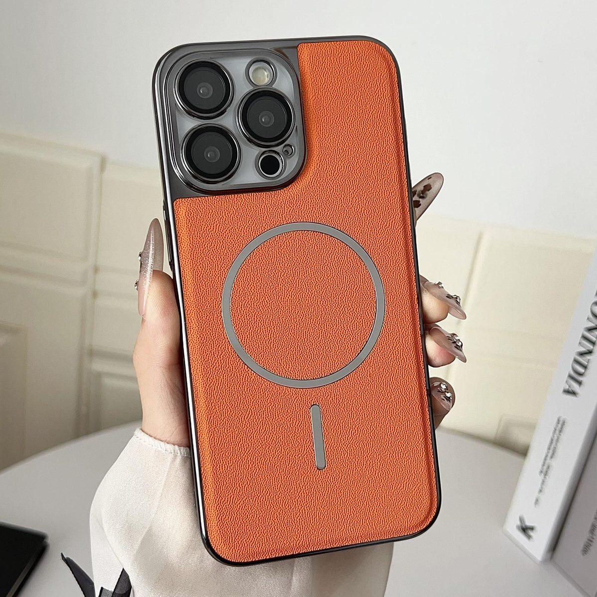 For iPhone 14 Pro Electroplated Magnetic Ring PC + Vegan Leather Phone Case - Orange - EDA009688311E