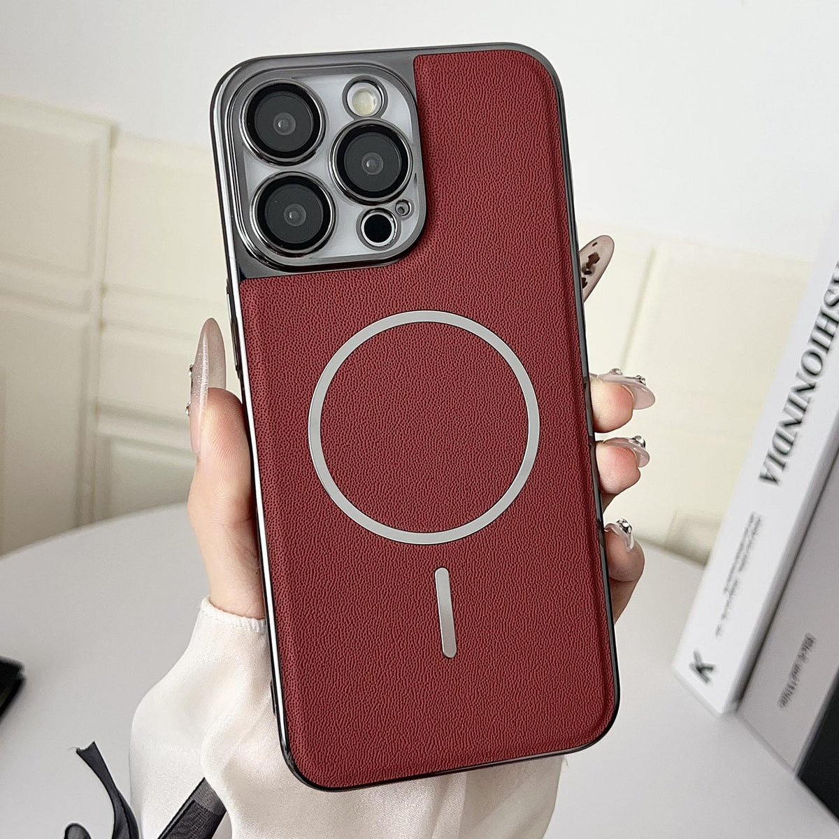 For iPhone 14 Pro Electroplated Magnetic Ring PC + Vegan Leather Phone Case - Red - EDA009688311F
