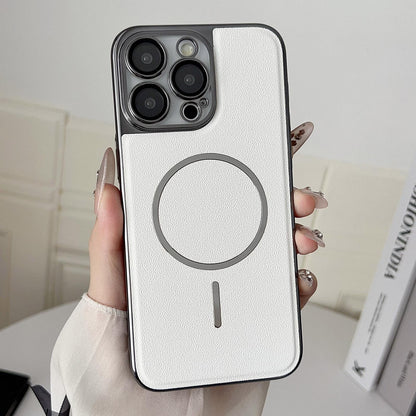 For iPhone 13 Pro Max Electroplated Magnetic Ring PC + Vegan Leather Phone Case - White - EDA009688313C